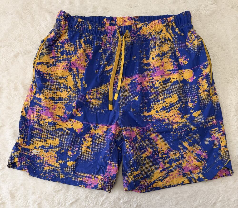 Fabletics Mens Shorts Medium M Blue Yellow Abstract Print Athletic Running Gym